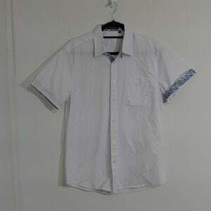Hisdern Mens Shirt M White Short Sleeve Button Down Paisley Contrast Trim